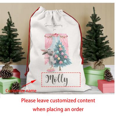 Saco de Natal Personalizado Coelho Rosa Grande Meia de Véspera de Natal da Menina Saco com Cordão para Presente de Natal Saco do Papai Noel Ano Novo