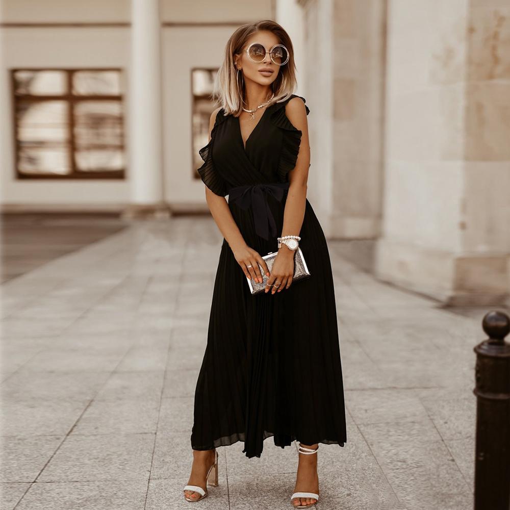Women's V Neck Ruffle Sleeve Solid Color A Line High Waist Casual Long Dress
