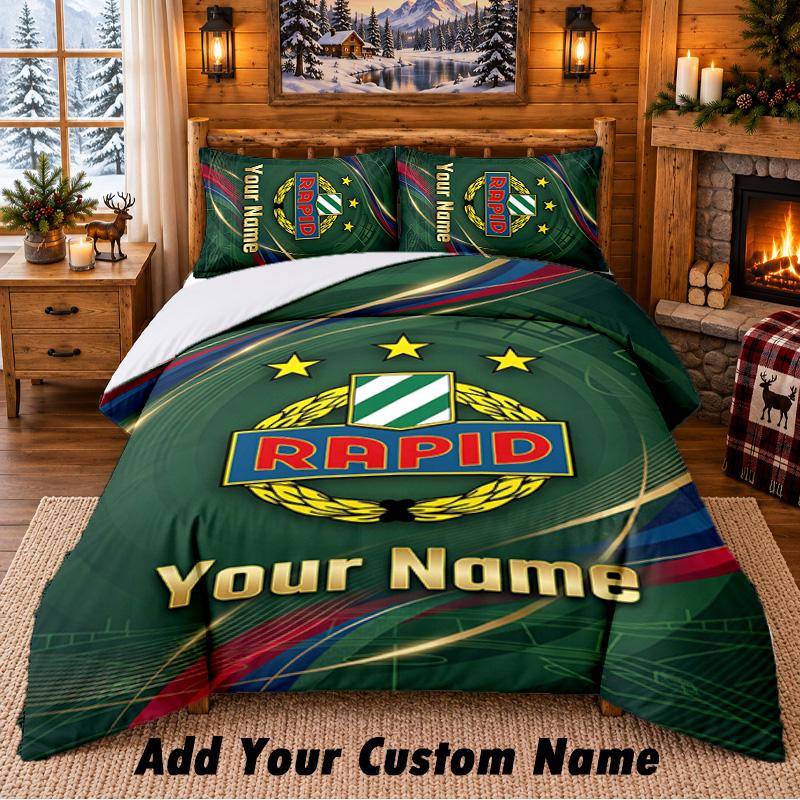 Rapid Wien FC Pattern Bedding 3Pcs Set Custom Name, Bed Sheet And Pillowcases For Home Bedroom