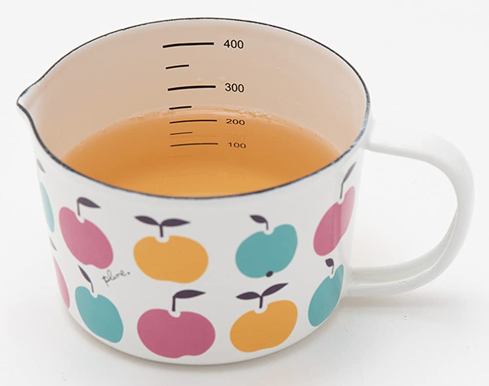 Tamahashi Enamel Measuring Cup, 450ml, Made In Japan, Prune, White, Apples Design, MC-602