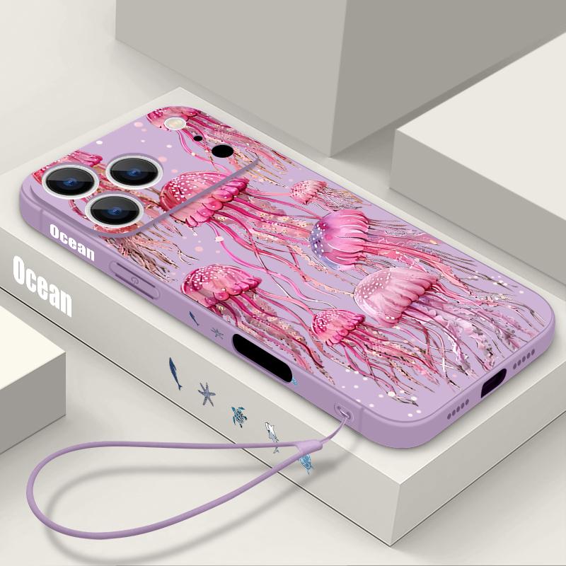 Jellyfish Dolphin Pattern Lanyard Case For iPhone 17 Pro Max Funda iPhone 16 15 14 13 Pro Max 11 16E 17E Soft Silicone Cover