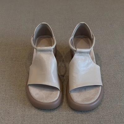 Spot Version~ French Retro Platform Thick Heel Soft Leather Sandals Women's Summer Simple Velcro Commuter Open-toed Roman Shoes