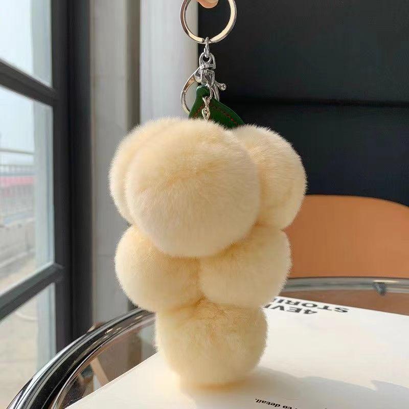 Cute Grape Poms Bag Chain Keychains Fluffy Pompoms Pendant Rex Rabbit Fur Pompoms Keyring Backpack Bag Accessories