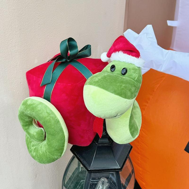 Fun Cartoon Christmas Snake Stuffed Doll Carrying Gift Box Christmas Hat Green Snake Stuffed Toy Holiday Home Decoration