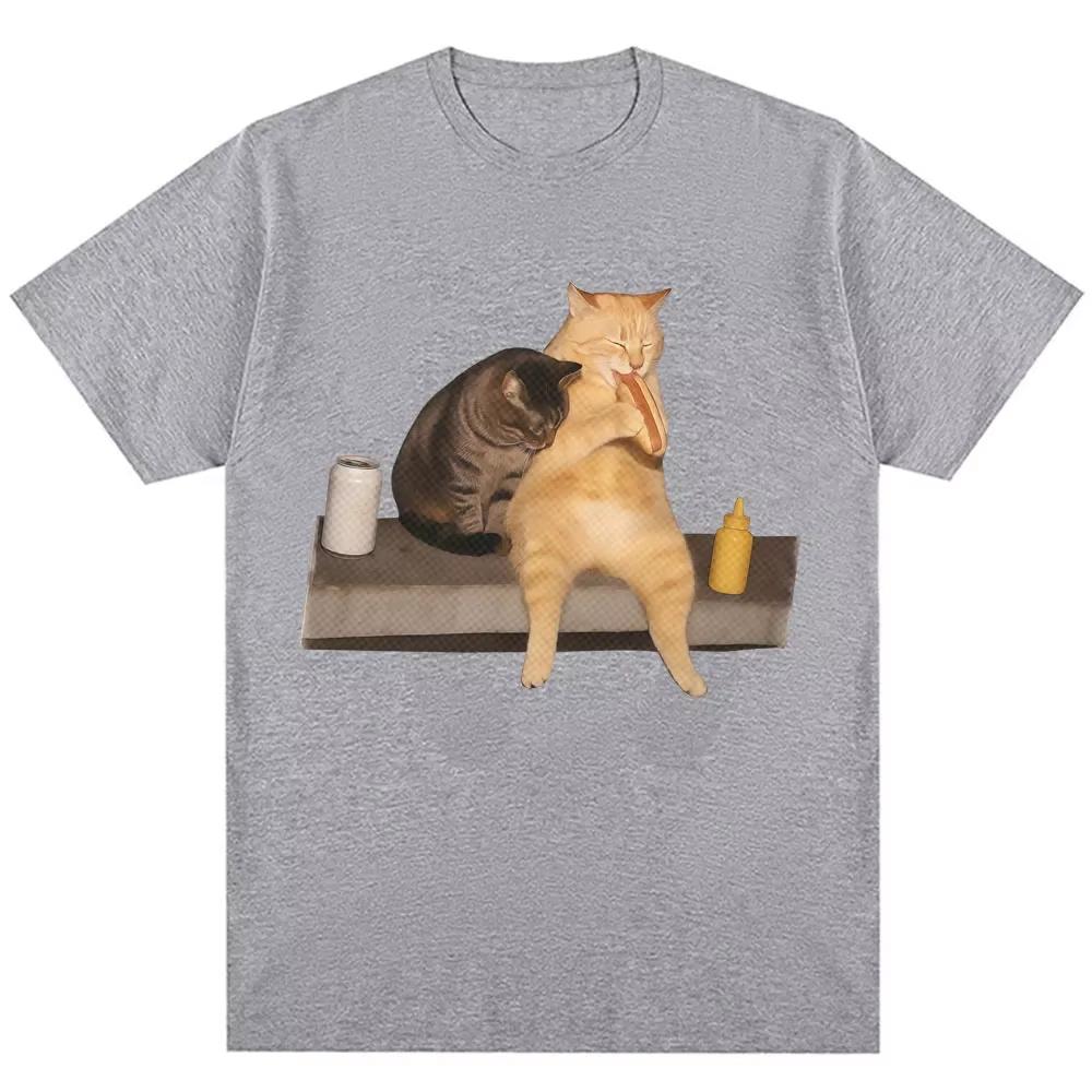 2026 SpringSummer Funny Cat Eating Hot Dog Emoticon Pack Fashion Retro Casual Cute TShirt Streetwear Y2K