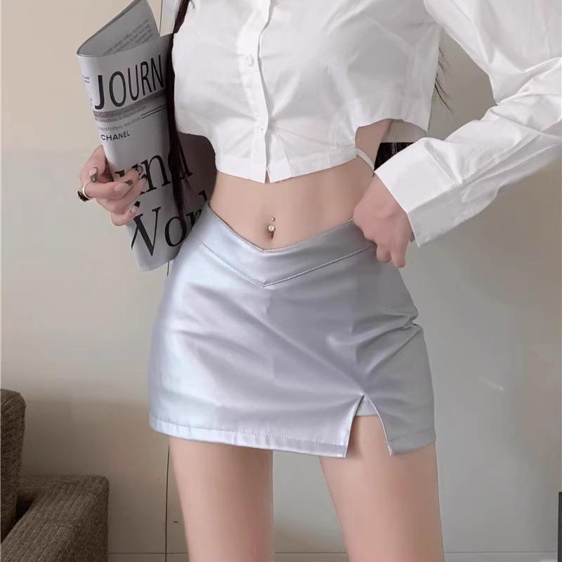 Spicy Girl V-Waist High-Waisted PU Leather Bodycon Mini Skirt With Side Slit - Hong Kong Style