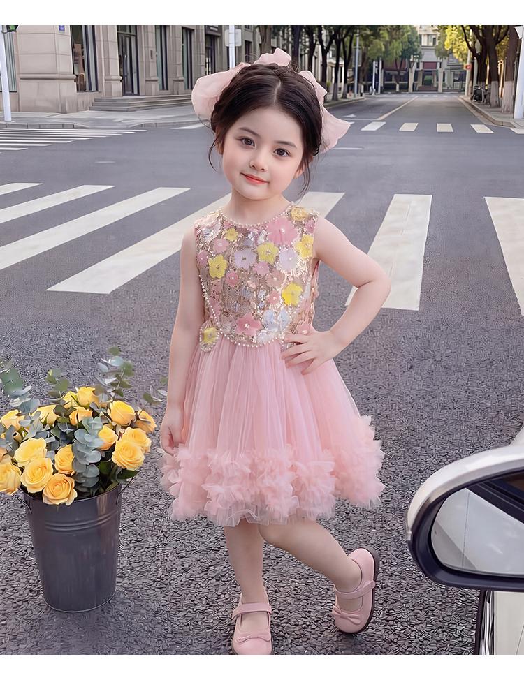 Girl's Pink Mesh Sleeveless Dress Summer Baby Girl Sweet Big Bow Dress Performance Princess Dress