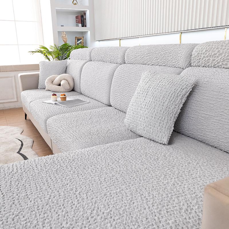 Cream Seersucker Sofa Seat Cushion Cover, Fully Encased Elastic Cover, Anti-Slip, Durable,Furniture Protector Pets Friendly 1Pc