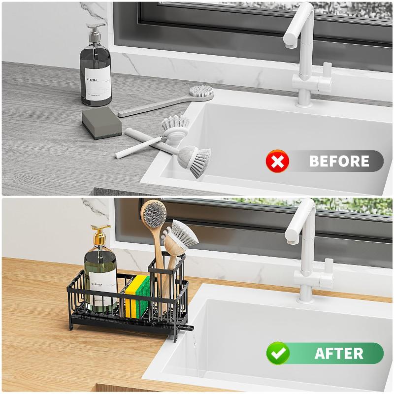 Black Carbon Steel Rustproof Sink Organizer for Kitchen Removable Drain Tray Great for Sponge Soap Scrubber Counter Holder