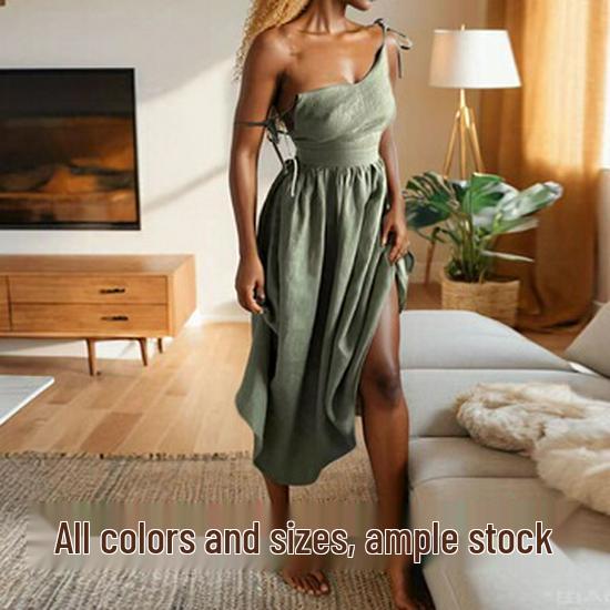 Elegant V-neck Sleeveless Slit Irregular Long Dress for Spring/Summer