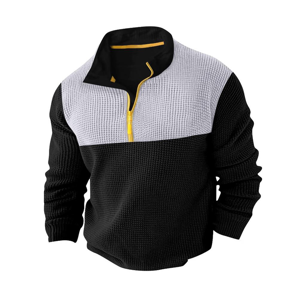 Spring and Autumn Leisure Sports Long Sleeve High Collar Top Color Blocking Half - Zip Waffle Knit Pullover Men’s T-Shirts