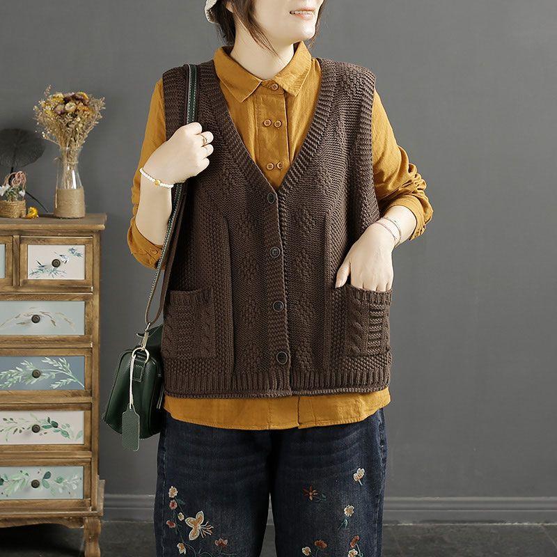 Vintage Retro Women Vest New V Neck Solid Color Versatile Single Breasted Knitwear Spring Autumn Fashion Outerwear