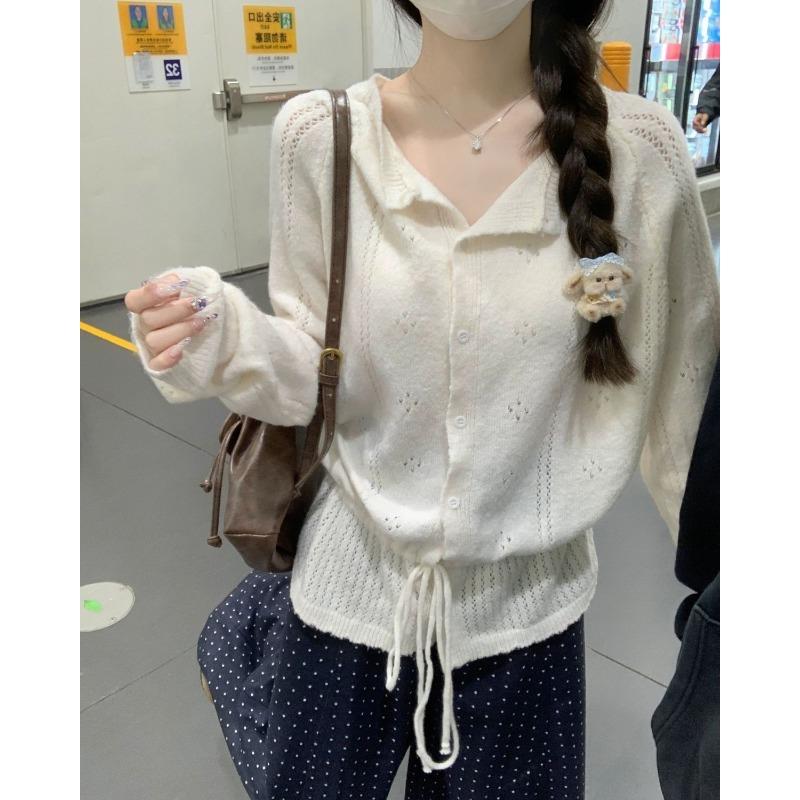 Women S Long Sleeve Knit Sweater With Waist Tie Hollow Out Fashionable