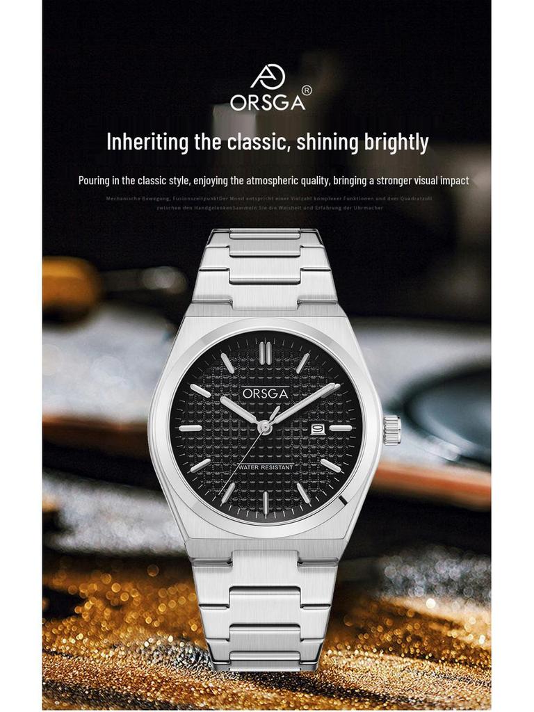 ORSGA Men's Classic Minimalist Quartz Watch with Stainless Steel Band and Date Display