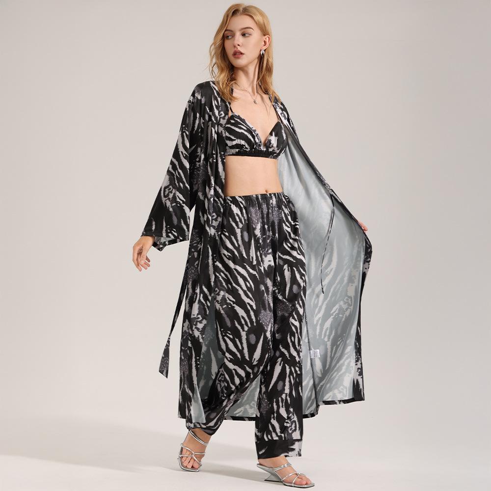 Women's Zebra Print Satin Pajama Set - Summer Robe & Long Pants, 3-Piece