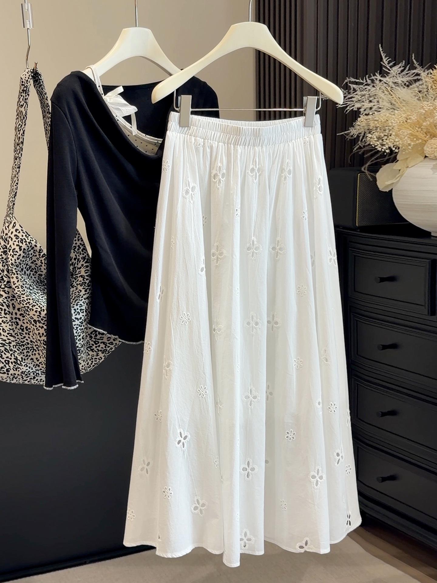 

2026 Spring White Elegant Embroidered Midi Skirt: Women s High Waist Hollow Flower Draping Design One Size білий