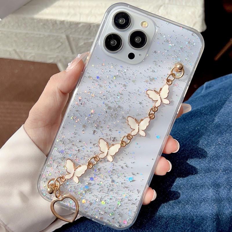 Compatible iPhone 16 Pro Max Transparent Resin Glitter Phone Case with Bowknot and Bracelet