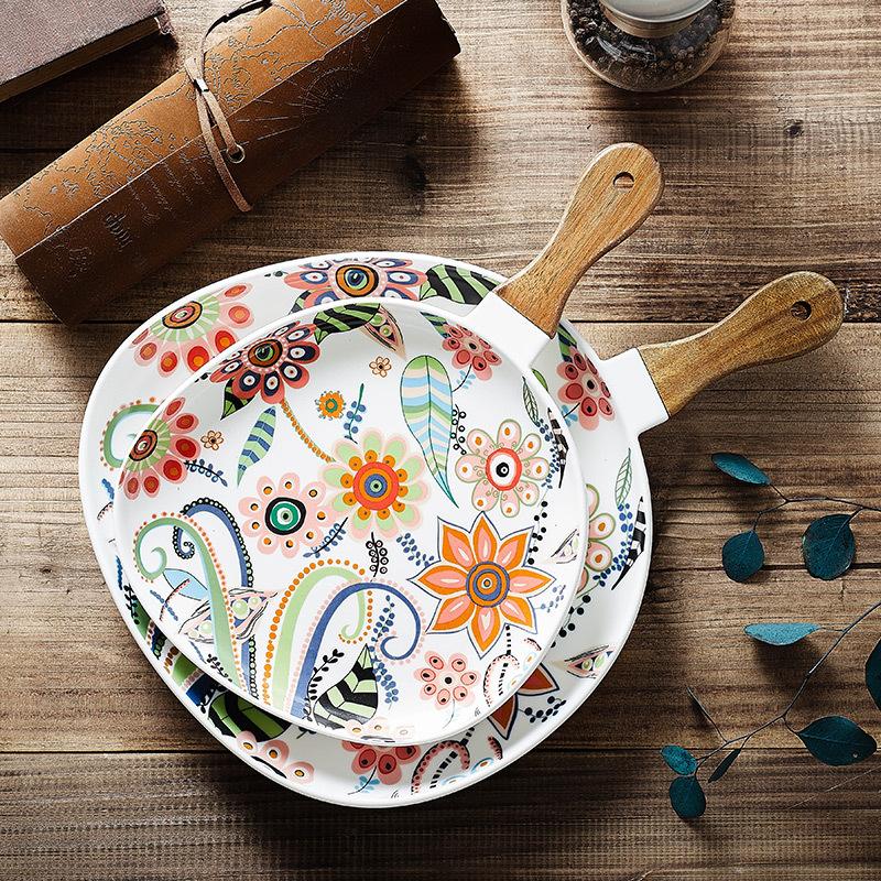 Colorful Floral Ceramic Handled Plate, Creative Decor Food Serving Dish with Solid Wood Handle, Microwave Unavailable