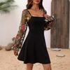 YYFS Women's Fashion Spring Fall Flower Pattern Print Long Sleeve Square Collar High Waist Casual Dresses
