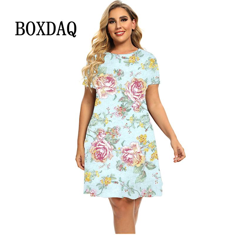 Butterfly Flower Print Summer Dress Women Oversized Short Sleeve Dress Casual Pullover O-Neck Loose Party Dress Ladies Vestidos