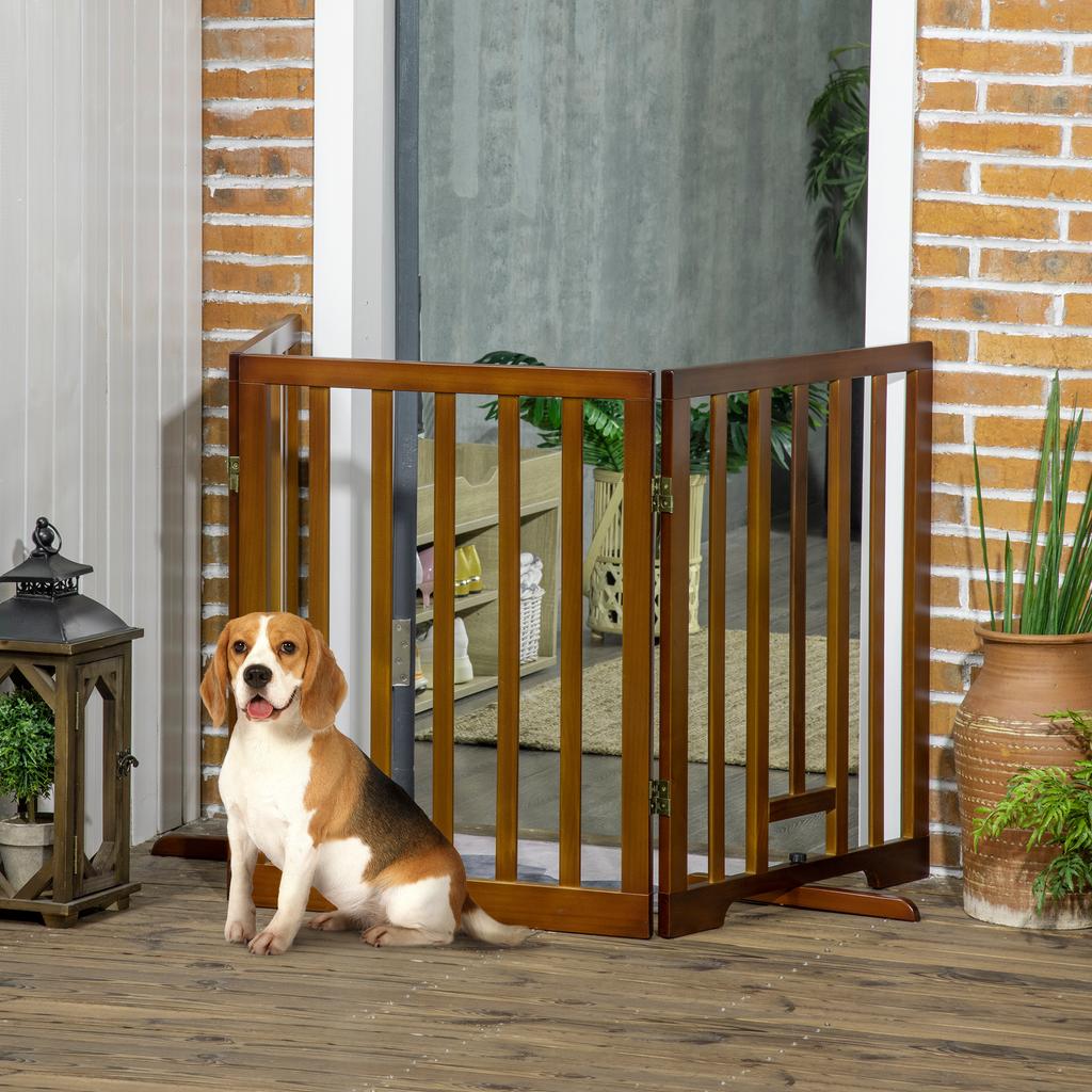 Foldable Dog Gate with 3 Panels with Anti-Slip Feet for Corridors, Stairs and Rooms, In Pine Wood, 181x35x76 Cm, Dark Brown