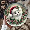 Christmas White Kitten Santa Hat Holly Berry Wreath Tin Sign Vintage Durable Metal Plaque Wall Decor Festive Pet Home Office