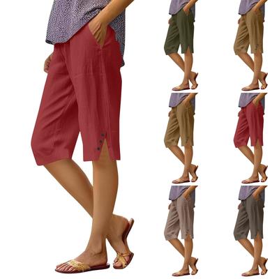 Damskie Letnie Bawełniano-Lniane Spodnie Cropped z Wysokim Stanem, Luźnym Dołem i Rozcięciami