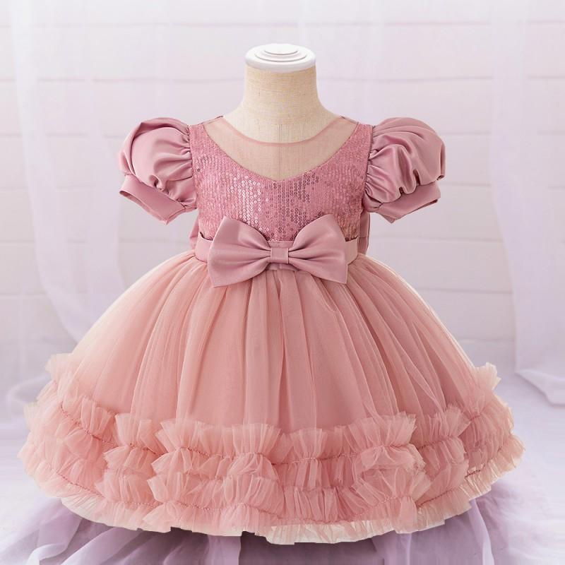 Baby Girls Princess Tulle Dress Puff Sleeve Formal Gown Pageant Wedding Party