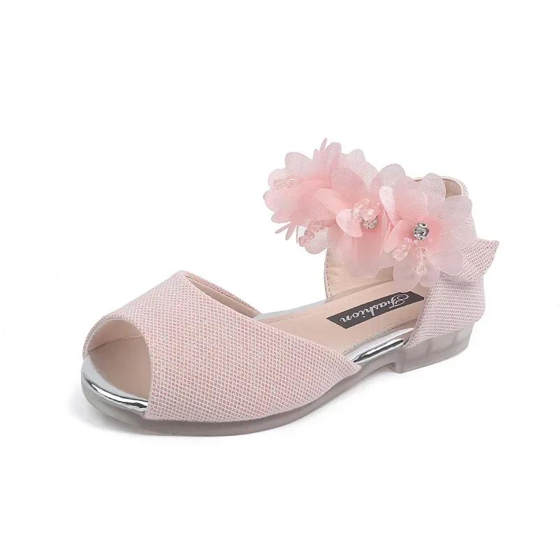 Summer New Style Children's Sandals Girls Fashion Rhinestone Flower Princess Shoes Little Girls Soft Dance Shoes Girls