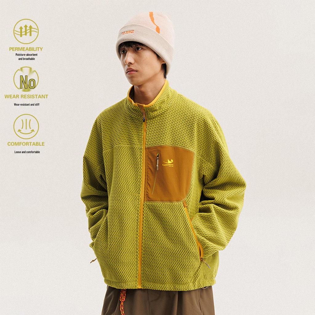 Unisex Outdoor Color Block Fleece Hiking Jacket with Stand Collar