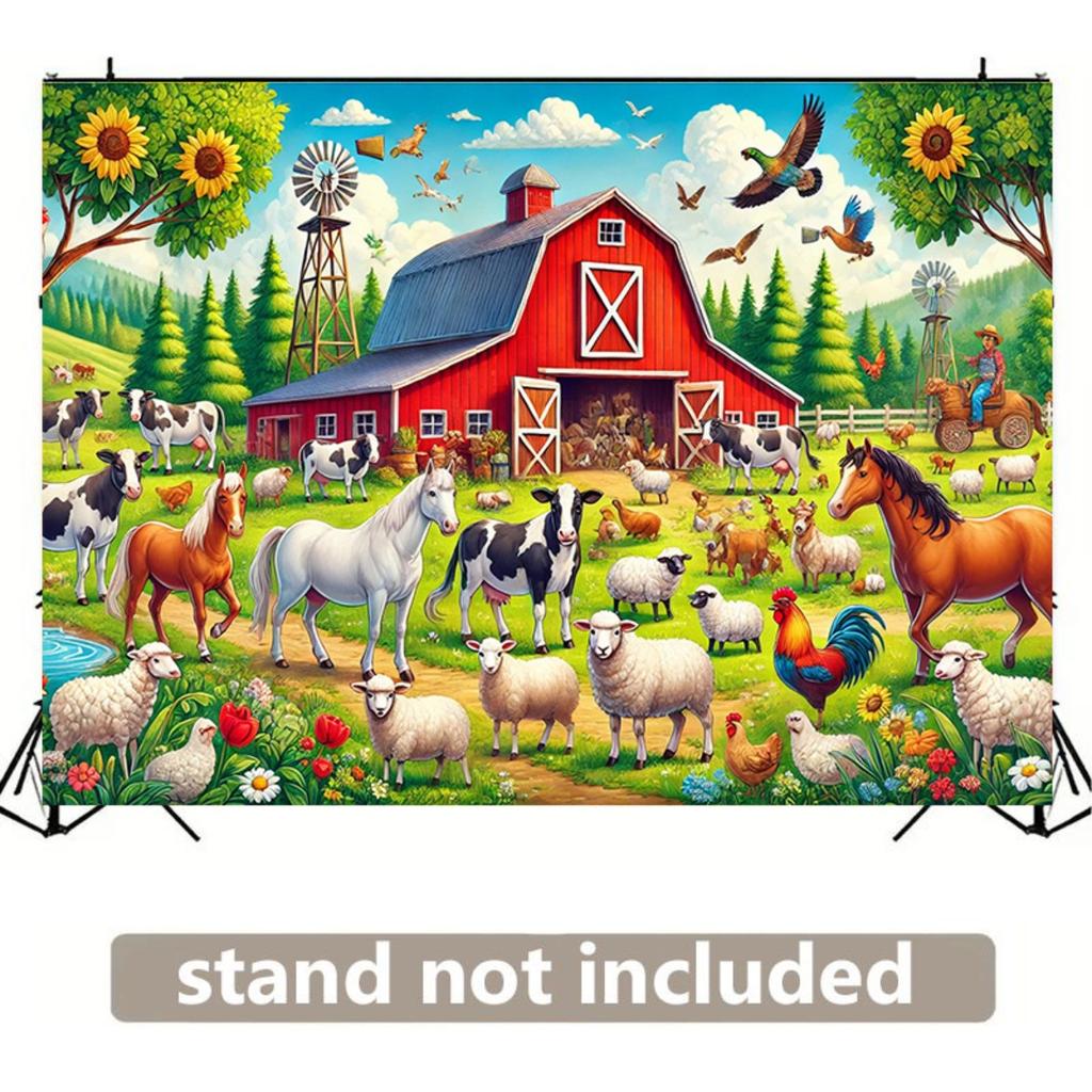 One large farm animal backdrop with a red barn, horses, sheep and chickens - 8x6 feet rural style party backdropDJH