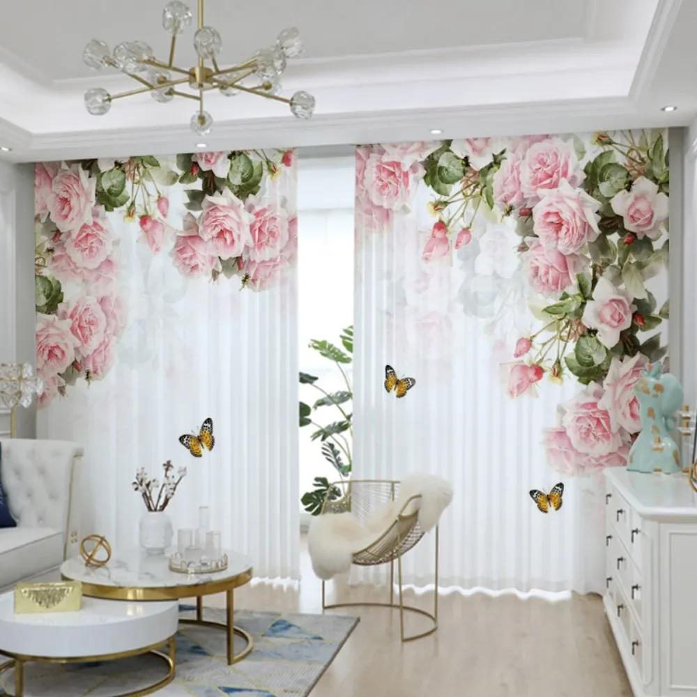 3D Rosa Blume Vorhang Grüne Pflanze Pastoral Dekor Transparenter Sichtschutzvorhang Wohnzimmer Schlafzimmer Bodenlanges Fenster Voile Vorhang