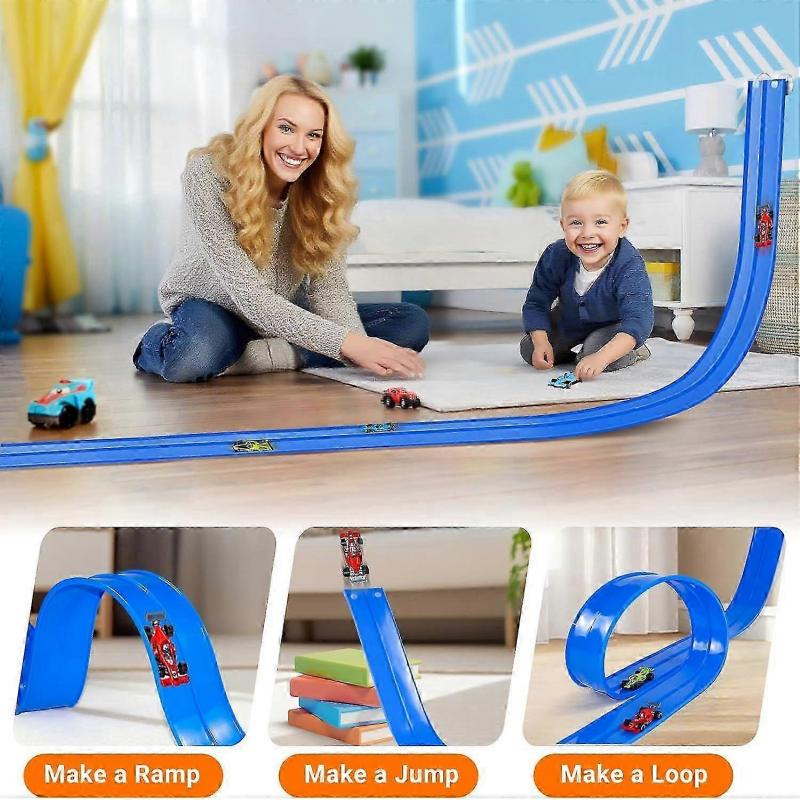 Flexible Race Car Track for Kids Toy, Rolls Up Portable Flex Track Racetrack with Suction Cups & 4 Wheels, Compatible with 1:64 Cars Toys