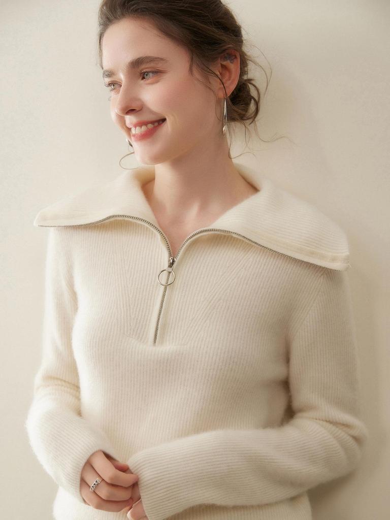 Damen Dick gestrickter Kaschmirpullover - Großer Reverskragen, Polo-Kragen mit halbem Reißverschluss, Vielseitige lockere Passform für Herbst und Winter