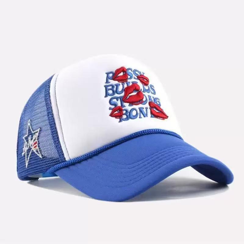 Red lip, wide brim, multi-color letter baseball cap, sunshade, breathable, casual baseball net cap for truck drivers