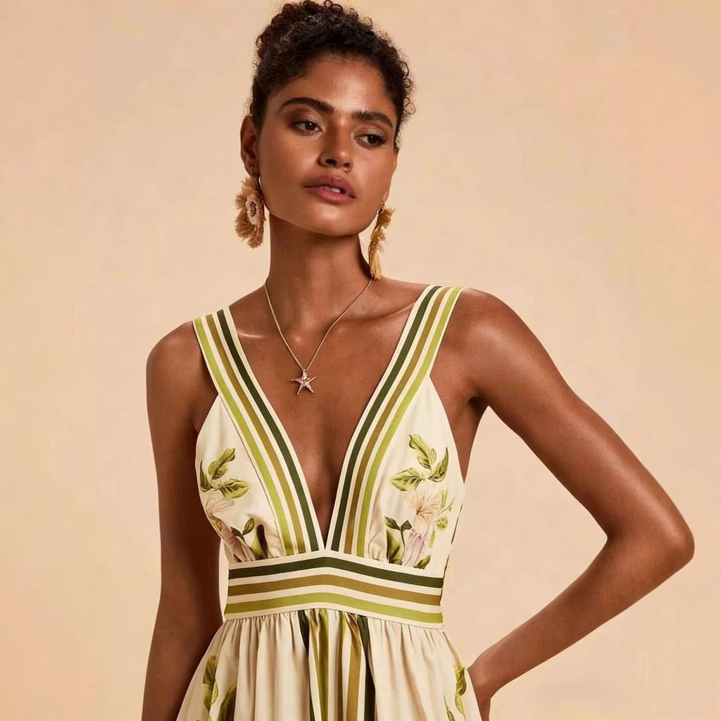 European, American and American Summer V-neck Positioning Printing Back Winning Fashion Dress D05