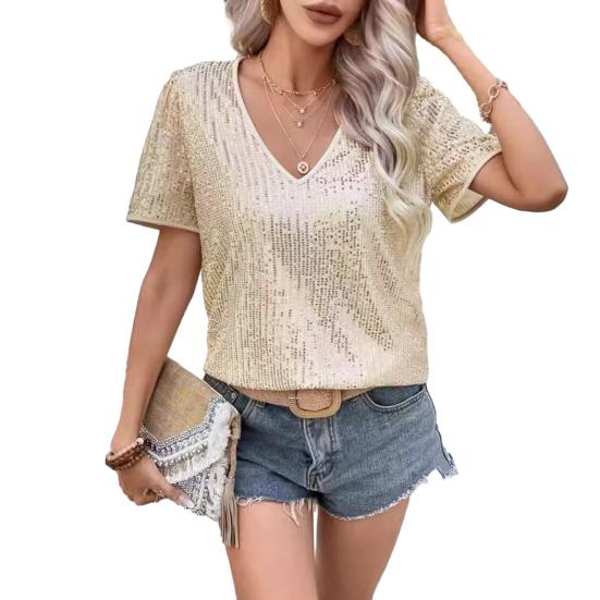Women T-shirt V-Neck Short Sleeve Shiny Sequins Tee Shirt Loose Fit Summer Sexy Tops Holidays Parties Wear