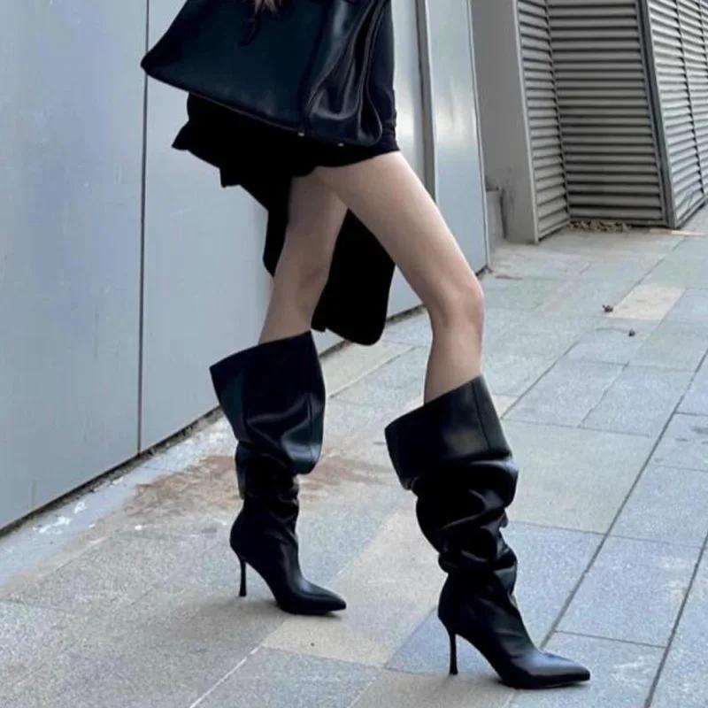 Oversized High-heeled Boots European and American Babes with Pointed Toe Stiletto Heels Over The Knee Wide Boots Heap Pile Boots