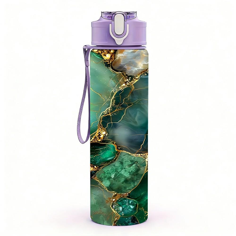 1PC Green Gemstone Gold Marble Pattern 750ml Color Plastic Sports Water Bottle Leakproof Flip Straw Lid Suitable for Sports Office Home Use