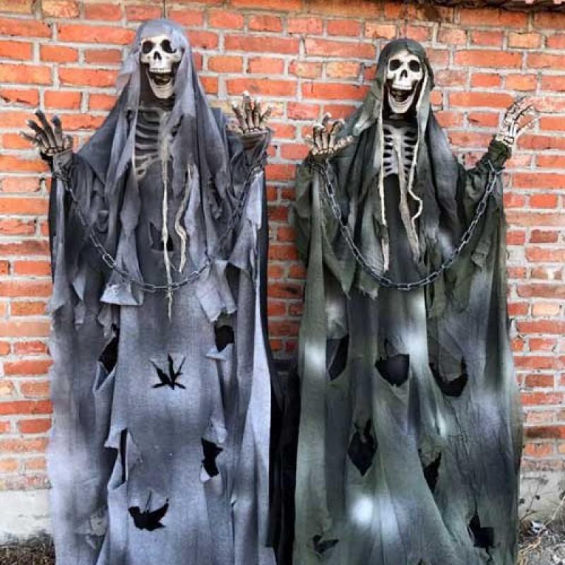 Halloween Ghost Door Curtain With Skull Decorations Light-Up Sound Effect Haunted House Party Decoration