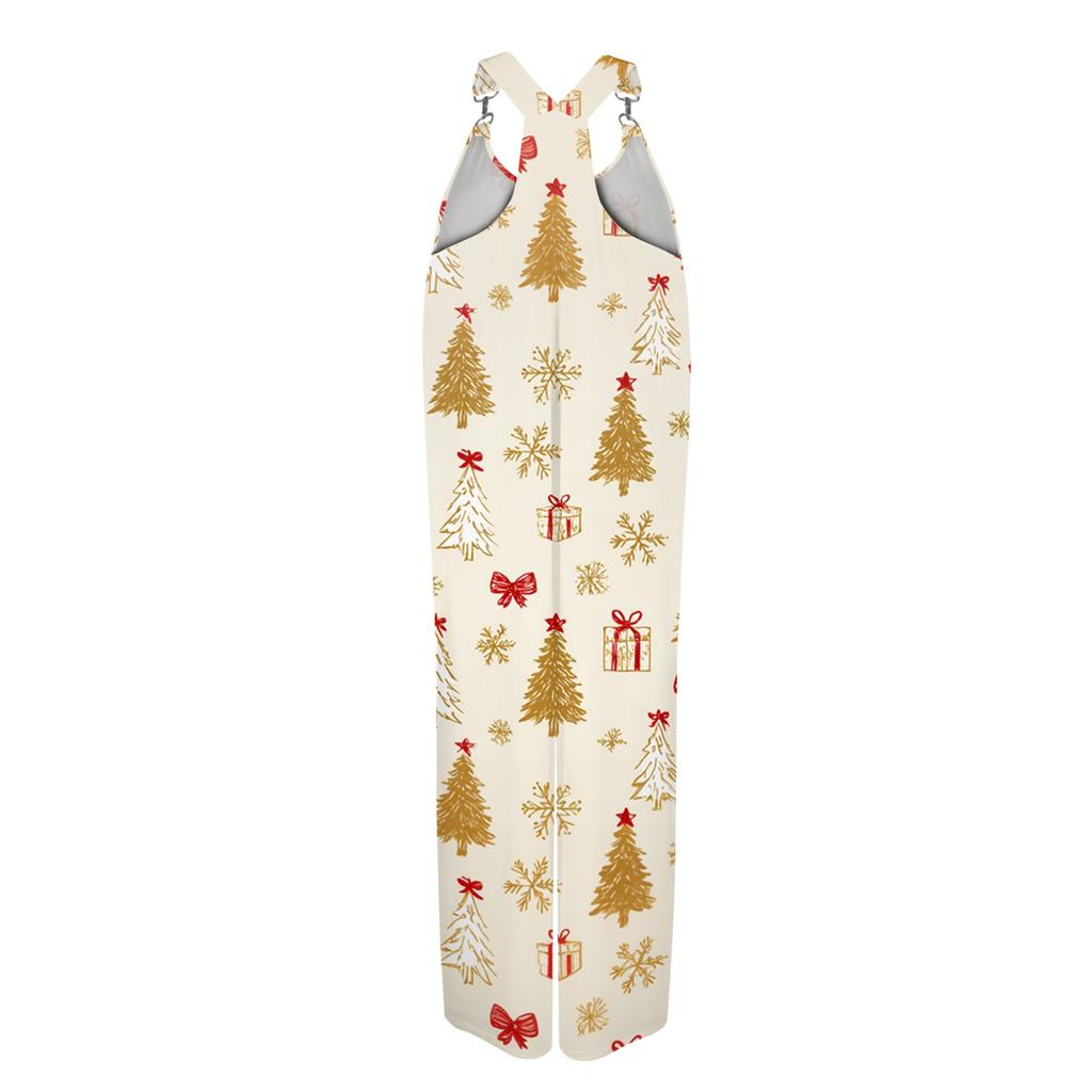 Women's Summer Suspender Jumpsuit with Retro Christmas Print and Non-Adjustable Straps
