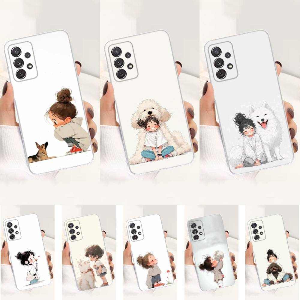 Kid Girl Dog Cute Cartoon Phone Case For Samsung A30,71,51,S9,10,20,Ultra,FE,23,21,PIus,Lite, S22,Transparent, Silicone