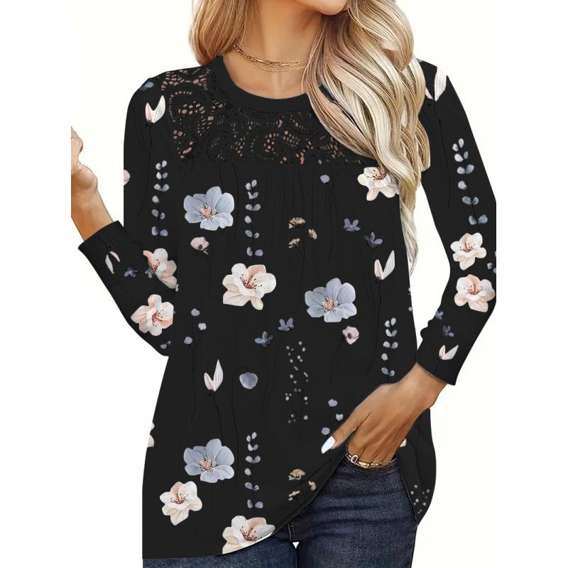 New Women's fashion Tops Neck Lace Printed Long Sleeve Flower Color T-shirt