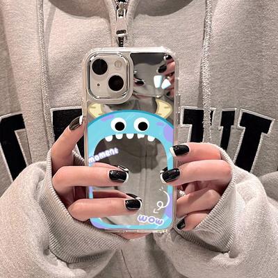 Mirror Blue Big Mouth Monster Is Suitable for iPhone17 Mobile Phone Case 16pro Electroplating Buttons Apple 15 All-inclusive 13/14