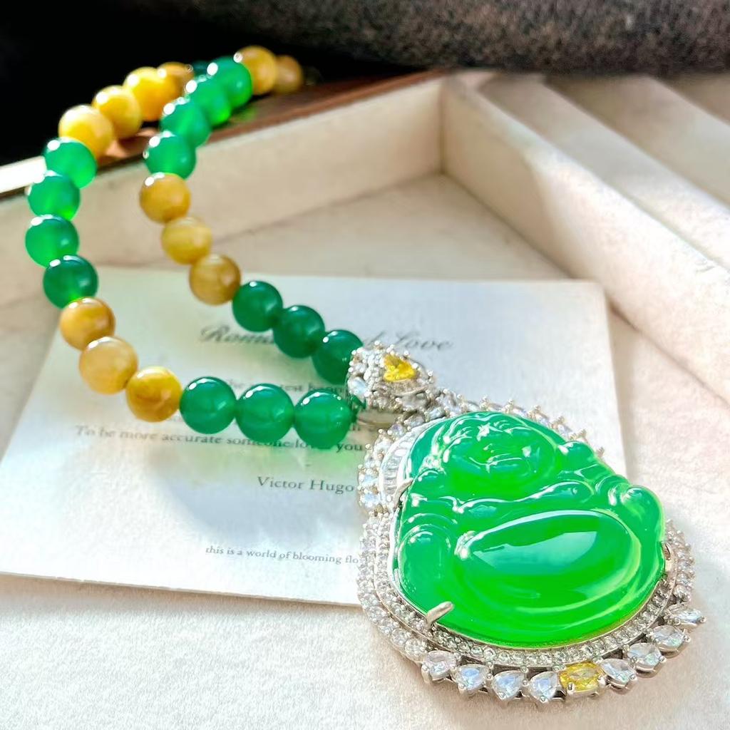 High Quality Autumn And Winter Maillard Style Natural Vitreous Green Chalcedony Agate Buddha Male Sweater Chain Necklace