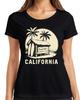 California Surfen Palmen Surfbretter Strandhütte Vintage Sommer Damen T-Shirt