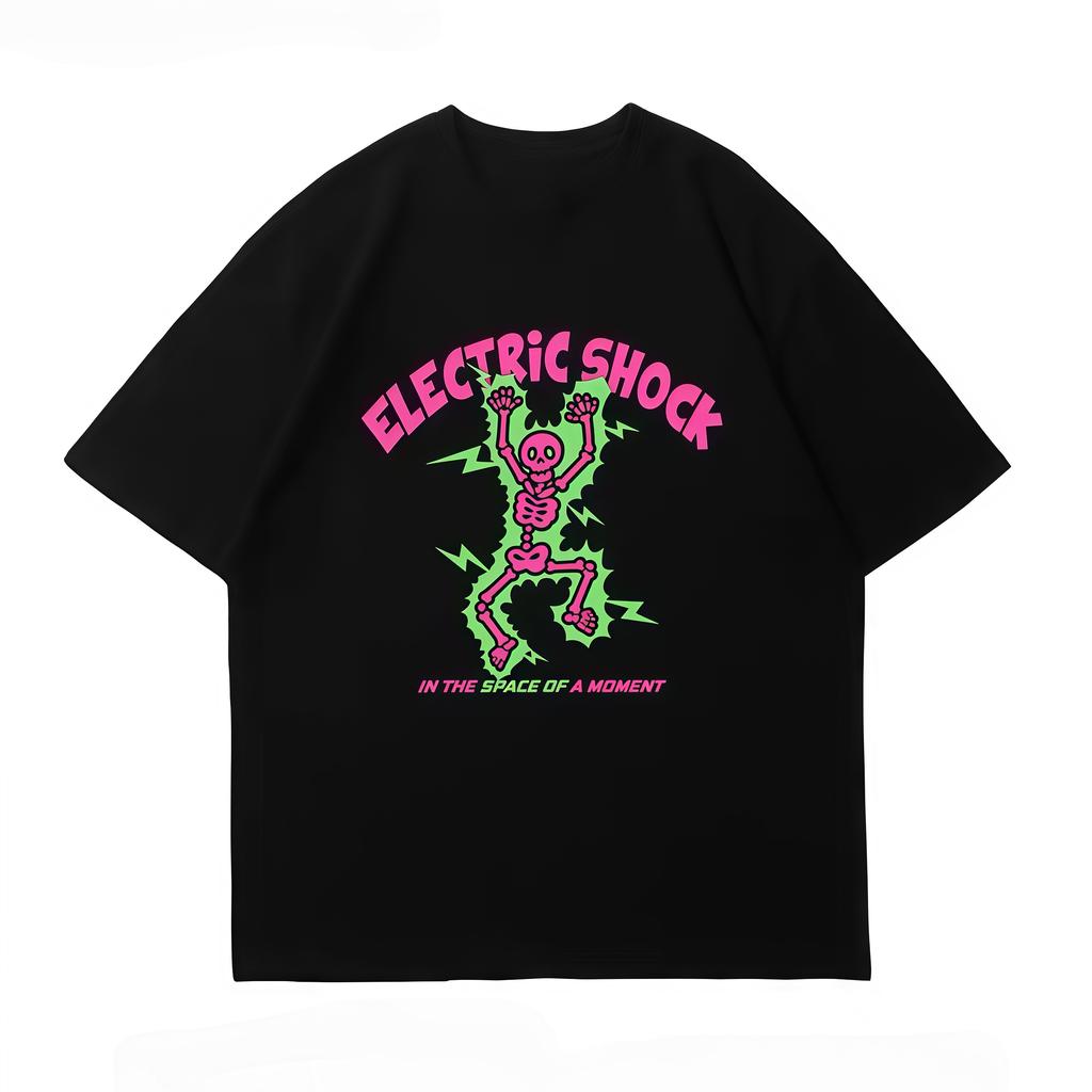 Unisexs Electric Shock Skeleton Graphic Tshirt Pink Green Neon Print Gothic Streetwear Cotton Short Sleeve Casual Black Tee Tops