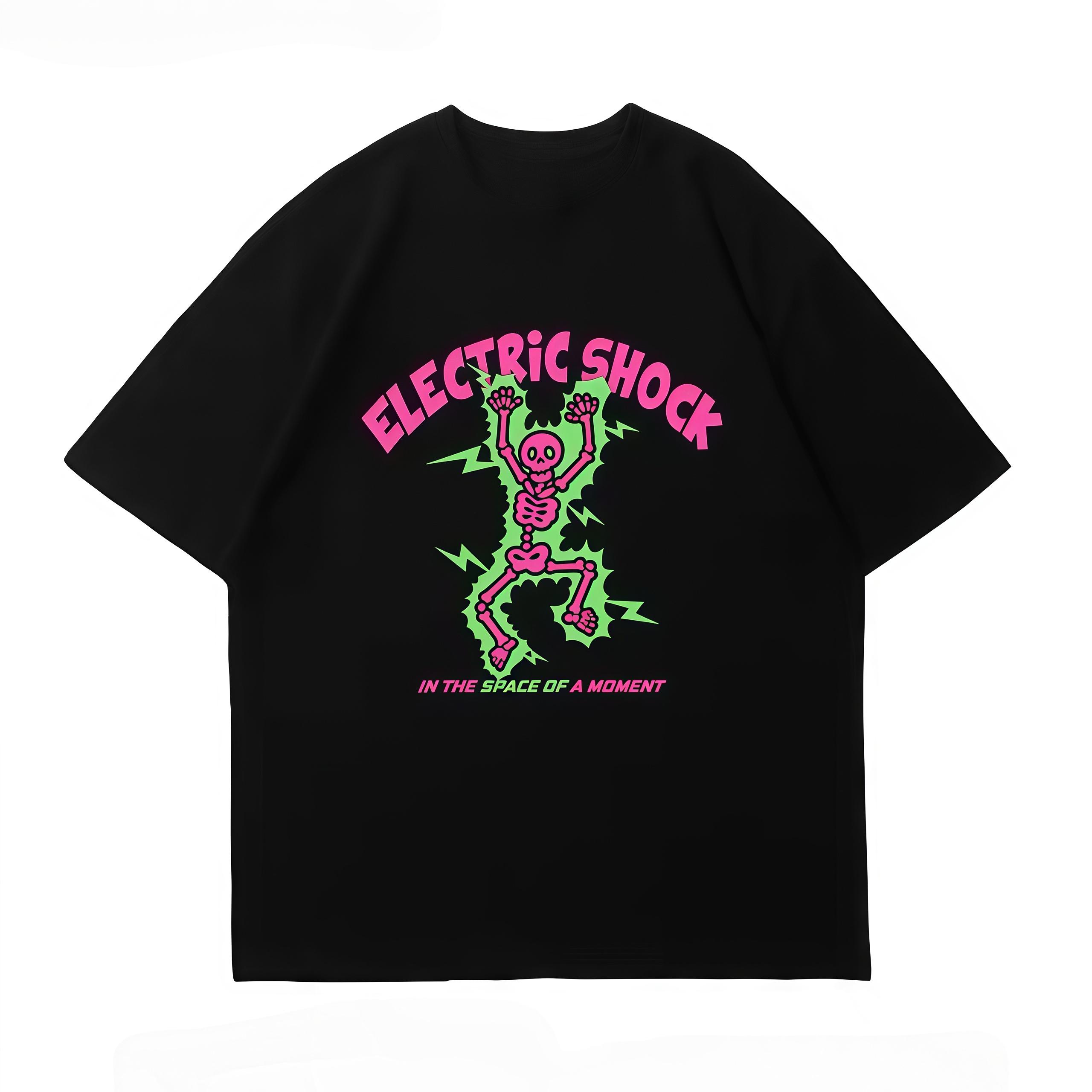 

Unisexs Electric Shock Skeleton Graphic TShirt Pink Green Neon Print Gothic Streetwear Cotton Short Sleeve Casual Black Tee Tops 4XL