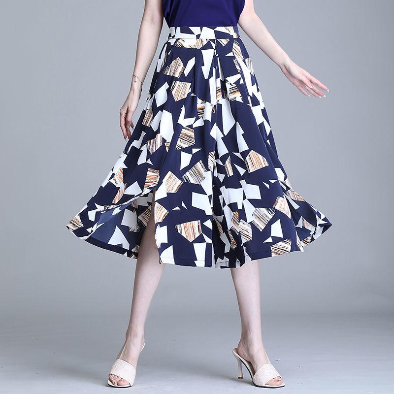 Summer Women Geometric Patterns Wide Leg Skirt Pants Korean New Fashion Capris Oversized Casual Elastic High Waist Slit Trousers