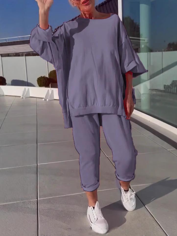 2025 Women's Casual Solid Color Long Sleeve Top and Pants Set - European & American Style